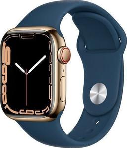 Apple Watch Series 7 (Cellular + GPS) - 32GB - 45mm - Gold Stainless Steel Case with Abyss Blue Rubber Sport Band