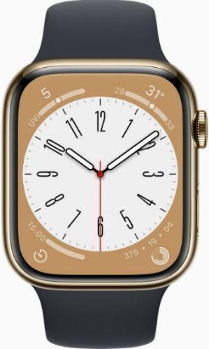 Apple Watch Series 8 (Cellular + GPS) - 32GB - 45mm - Gold Stainless Steel Case with Midnight Rubber Sport Band
