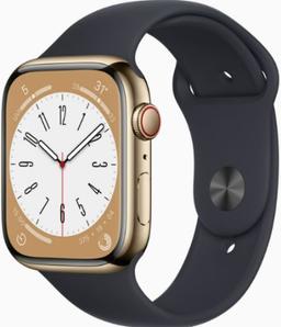 Apple Watch Series 8 (Cellular + GPS) - 32GB - 45mm - Gold Stainless Steel Case with Midnight Rubber Sport Band