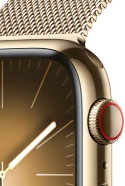 Apple Watch Series 9 (Cellular + GPS) - 64GB - 45mm - Gold Stainless Steel Case with Gold Rubber Milanese Loop Band - Small/Medium Size